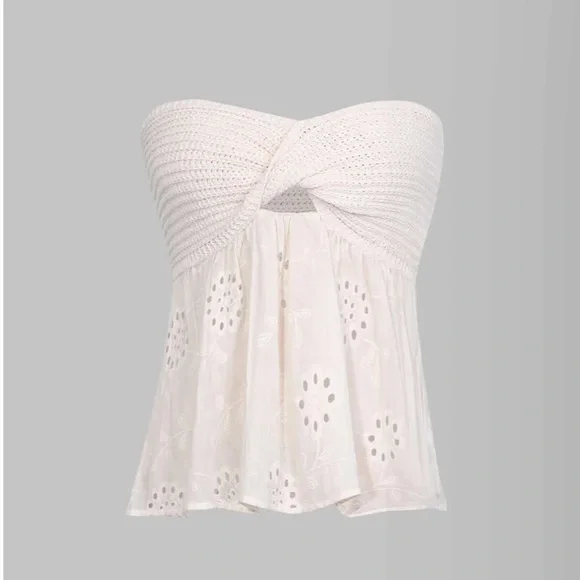micas knot front knit embroidered tube top